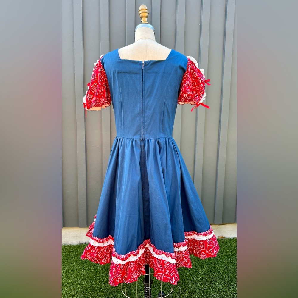 Handmade Vintage Americana Blue and Red Paisley Square Dance Dress - Picture 4 of 8